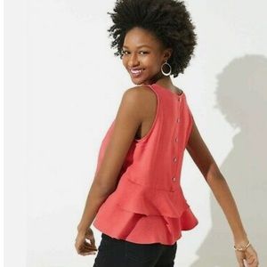 LOFT | Tiered Peplum Button Back Shell, Cherry Red | size S